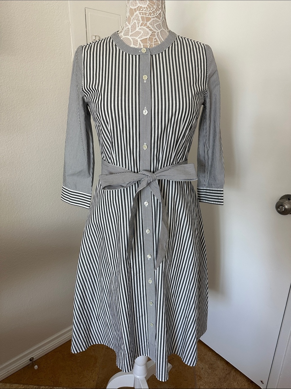 NWT Talbots Gray and White Striped Midi Shirt Dress Size 4P